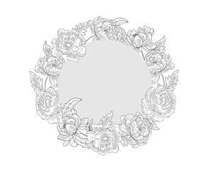 Elegant Line Art Floral Wreath Frame with Peonies