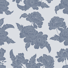 Elegant Blue Floral Line Art Seamless Pattern