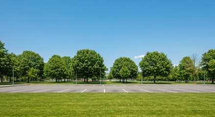 Obraz premium Wide empty parking lot with green grass, lined with trees against a bright blue sky