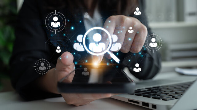 Concept of global talent acquisition and human resources. The process of headhunting and searching for qualified candidates worldwide to build a professional corporate workforce. Fermion