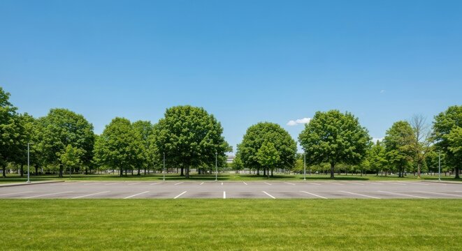 Wide empty parking lot with green grass, lined with trees against a bright blue sky