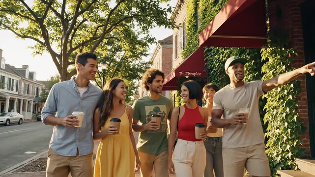 Group of friends walking with coffee cups
