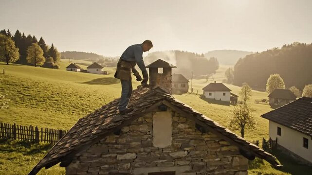 Chimney Sweep Working on a Traditional Stone House Roof with Sunlit Scenic Landscape Background