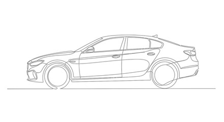 Fototapeta premium Minimalist continuous line art drawing of a modern sedan car in side profile on a clean white background.