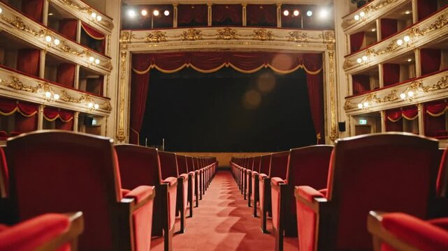 Empty auditorium with red velvet seats and ornate stage, capturing the beauty of a classic theater