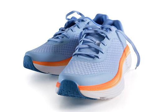 Pair of blue running shoes with orange accents and mesh fabric