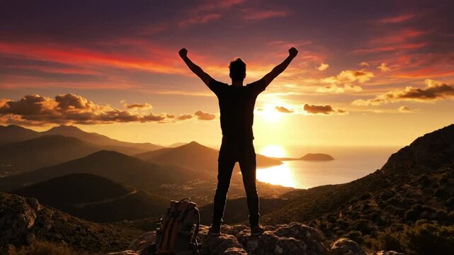 Adventurous hiker stands atop a mountain summit celebrating victory with outstretched arms, enjoying a beautiful sunset