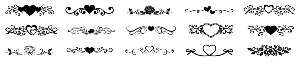 Valentine&rsquo;s Day decorative borders, frames, ornaments and dividers with hearts and romantic elements, elegant vintage style design set for love cards, wedding banners and packaging