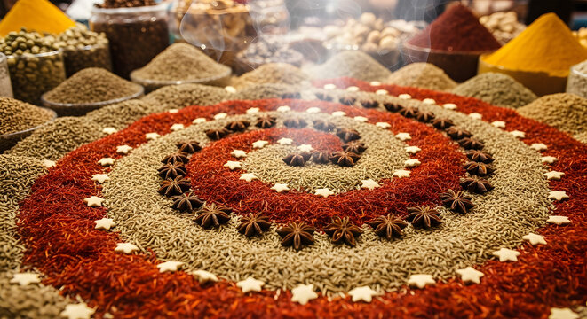 Colorful Spiral of Spices and Star Anise herbs saffron