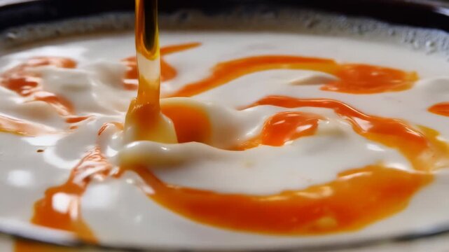 Macro shot of white milk mixing with viscous orange oil, creating swirling psychedelic patterns, high-speed photography, 8k.