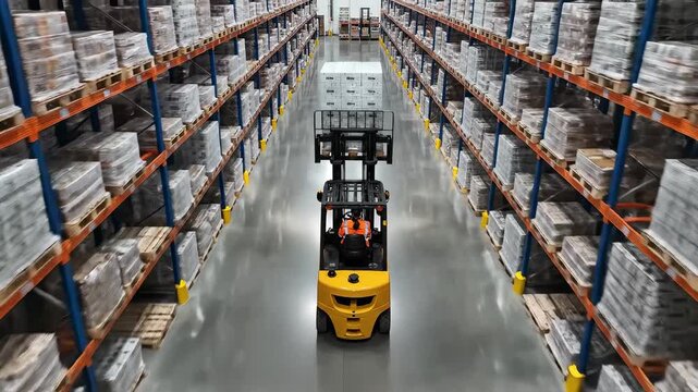 Warehouse forklift moving boxes