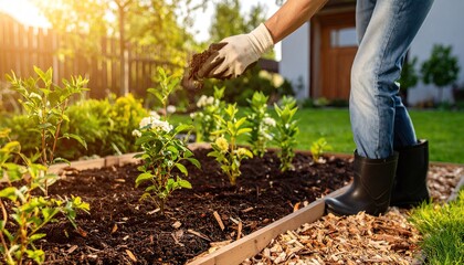 Fototapeta premium Planting Flowers in a Raised Garden Bed
