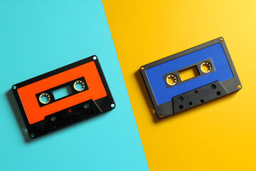 Fototapeta premium 青と黄色のカラフルな背景に置かれたレトロなカセットテープのポップな3Dイラスト