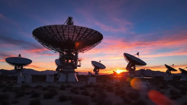 Radio telescope array silhouetted against a vibrant sunset sky in a desert landscape