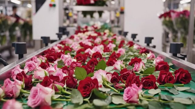 Red and pink roses on a conveyor belt in a flower factory, ready for processing and distribution