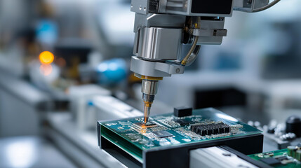 Fototapeta premium Robotic gripper assembling electronics, faceless automated laboratory system, circuit board manufacturing, industrial precision machinery, technology production automation,