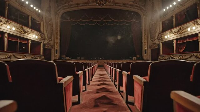 Empty vintage theater interior with rows of red velvet seats leading to the stage with dark curtains and dust particles
