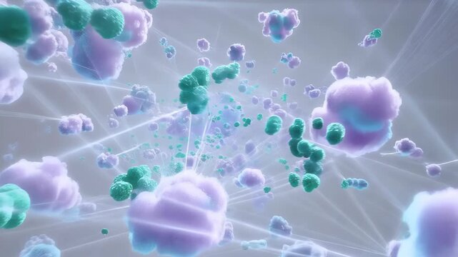 Abstract visualization of cloud computing, pastel-colored data clouds floating in a white void, connected by light beams.