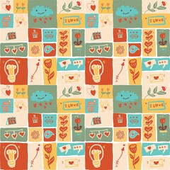 Fototapeta premium Colorful seamless pattern vector set featuring cute cartoon heart icons and fun alphabet elements for a vibrant home decoration wallpaper design
