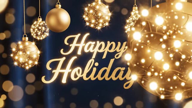 Golden holiday ornaments with happy holidays text