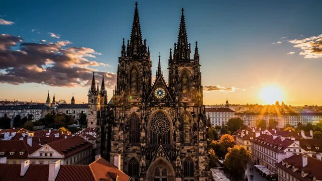 St Vitus Cathedral in Prague Czech Republic at Sunset with Beautiful Orange Hues and Aerial View
