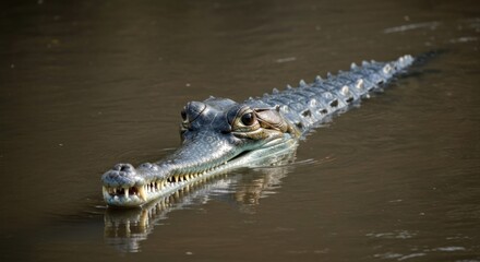 Fototapeta premium crocodile reptile swims, head and back visible above water, in a murky brown river