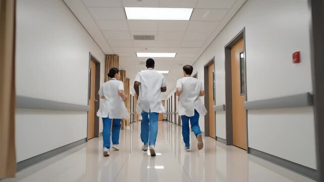 Medical staff running down hospital corridor