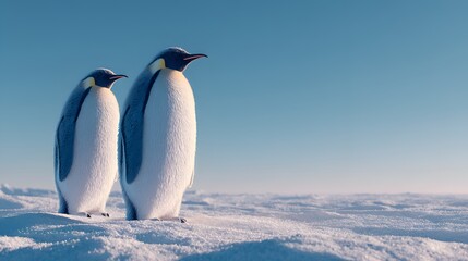 Fototapeta premium Two emperor penguins stand on a vast expanse of snow and ice under a clear blue sky in the antarctic wilderness landscape.