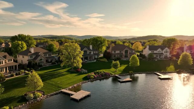 Lush lakeside neighborhood featuring homes with manicured lawns and docks on a bright sunny summer day.