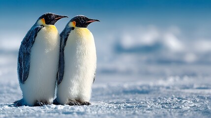 Obraz premium Two emperor penguins stand together on a snowy landscape with a blurred background of icebergs and a bright blue sky in Antarctica scene.