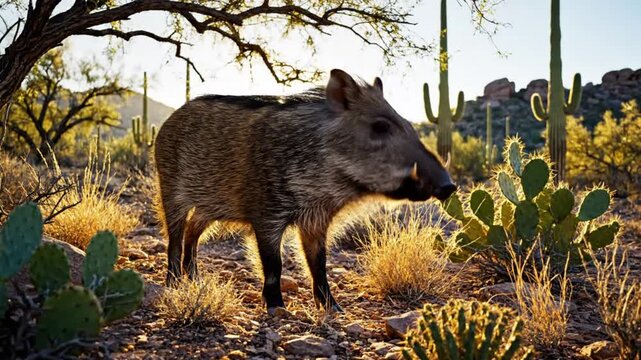 A Javelina or Collared Peccary Forages for Food in a Desert Landscape with Cacti and Sunrise Light