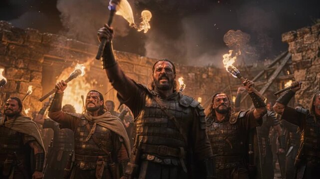 Powerful ancient war scene of an angry warrior army shouting battle cry, holding fiery torches aloft for war in dark medieval fortress