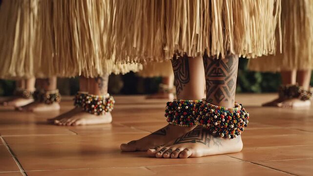 Dancers in Grass Skirts and Beaded Anklets