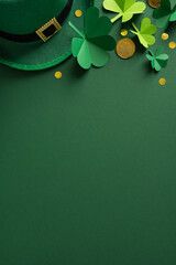 Obraz premium Vibrant vertical St Patrick's Day themed scene featuring a green hat, paper shamrocks, gold coins, and leprechaun inspired accents on a rich green background ready for festive posts