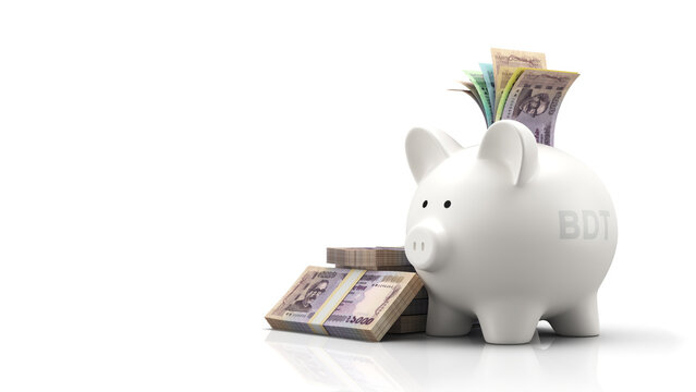 Piggy bank with Bangladesh taka banknotes and BDT currency code