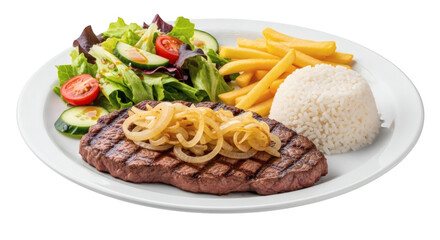 Rice with steak and onions, salad, and french fries.
