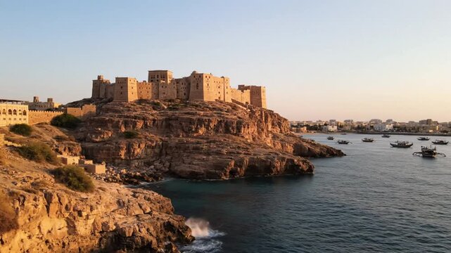 Ancient Muttrah Fort in Oman at Sunset with Dramatic Coastal Landscape and Azure Water