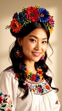 Woman with flower crown and traditional Mexican dress