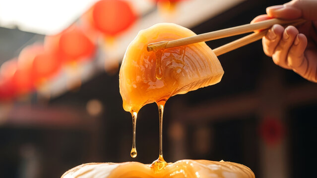 Piece of nian gao held with chopsticks, melting golden syrup and red lanterns in sunlight background