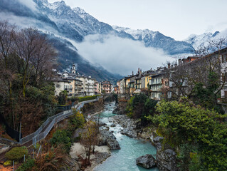 View of the riverside of Chiavenna town