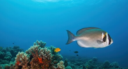 Obraz premium Underwater scene with colorful fish and coral reef in blue ocean