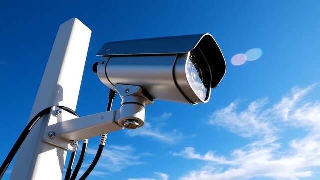 Security camera mounted on pole