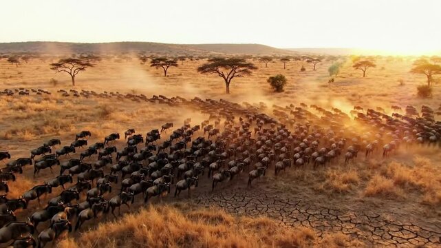 The great migration of wildebeest herd traveling across the golden plains of the Serengeti