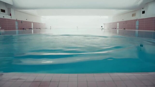 Cinematic shot of an endless indoor pool with pastel pink tiles, crystal clear turquoise water reflecting a soft white ceiling, calm ripples, liminal space aesthetic.