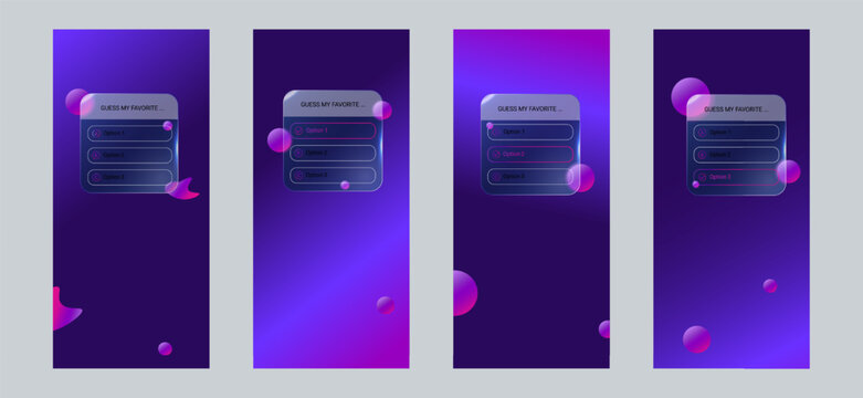Vertical Glassmorphism poll UI templates with translucent frosted cards, neon gradient BG. Interactive quiz and voting layouts for social media stories, apps, Mobile UI UX GUI FRAMES 