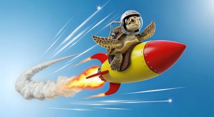 Fototapeta premium Funny cartoon sea turtle wearing an astronaut helmet speeds through the bright blue sky while riding a brightly colored yellow and red rocket ship