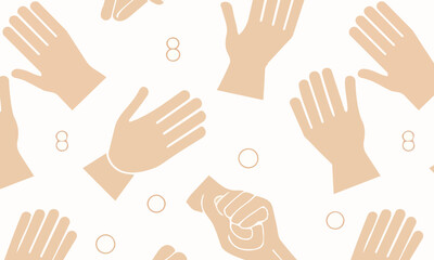 Fototapeta premium Seamless pattern with human hand gestures, Minimalist vector background with open palms, pointing fingers, and holding hands