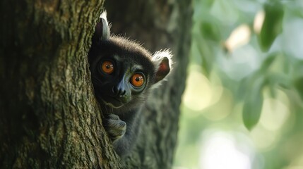 Fototapeta premium Black lemur peeking from tree trunk