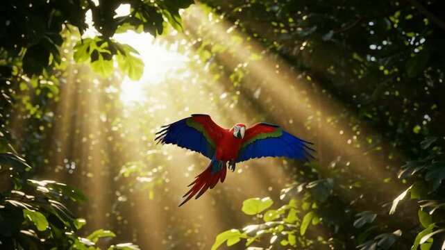 Colorful macaw flying through sunlit forest with green leaves and branches parrot bird