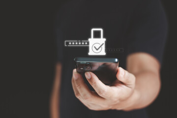 Mobile security and authentication concept. Person using smartphone, showing password protection, digital lock, secure login, data privacy, cybersecurity technology, online identity verification.